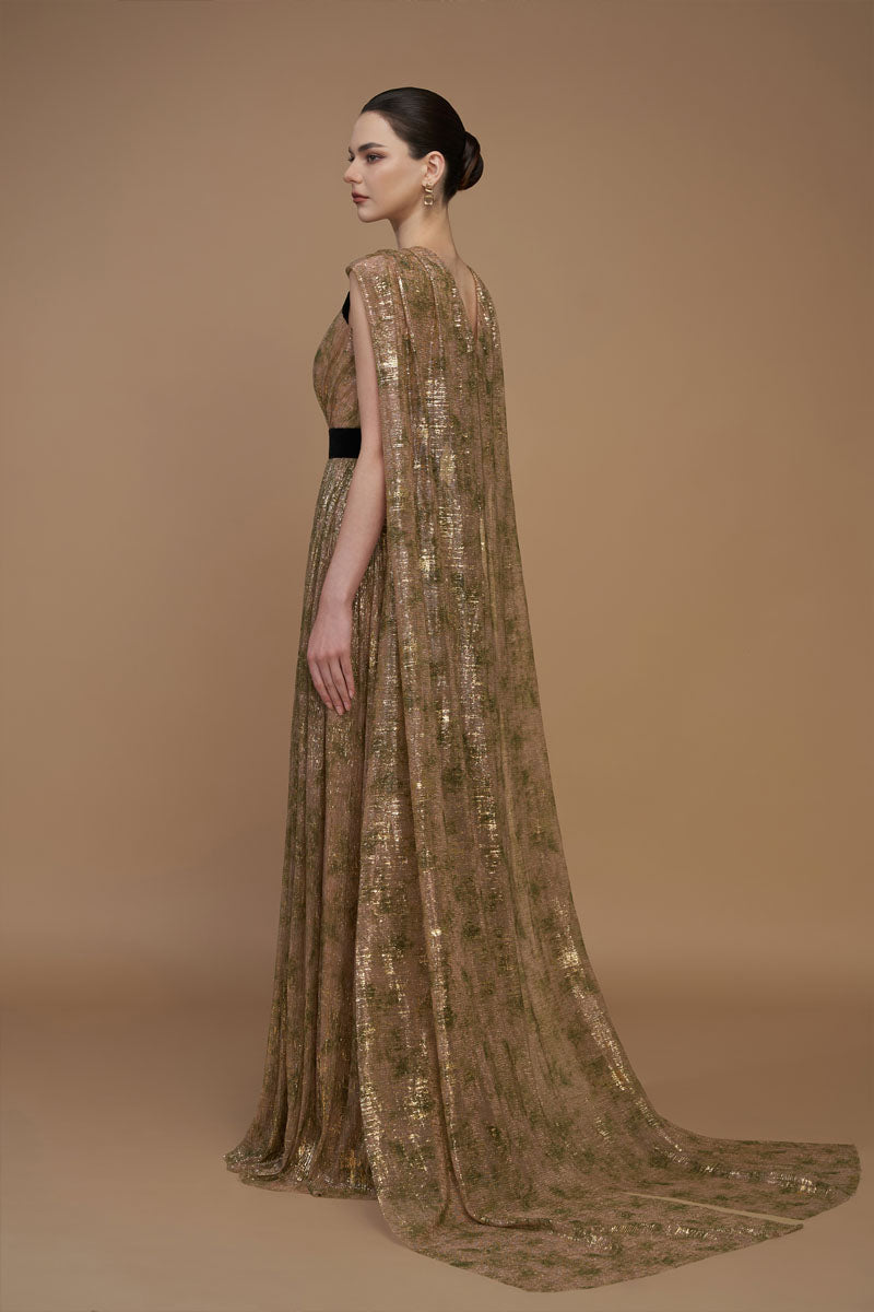 V-Neck A-Line Gown With Ruffle Back Train In Green Tie-Dyed Golden Chiffon