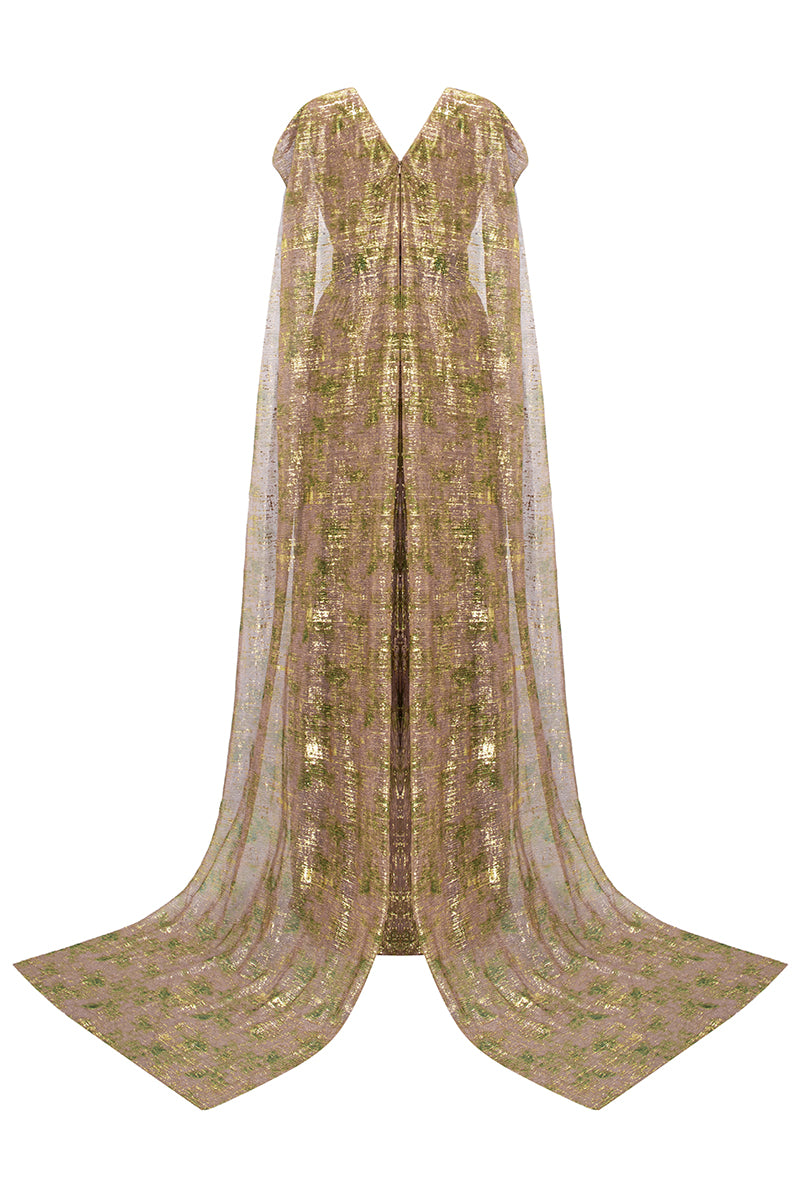 V-Neck A-Line Gown With Ruffle Back Train In Green Tie-Dyed Golden Chiffon