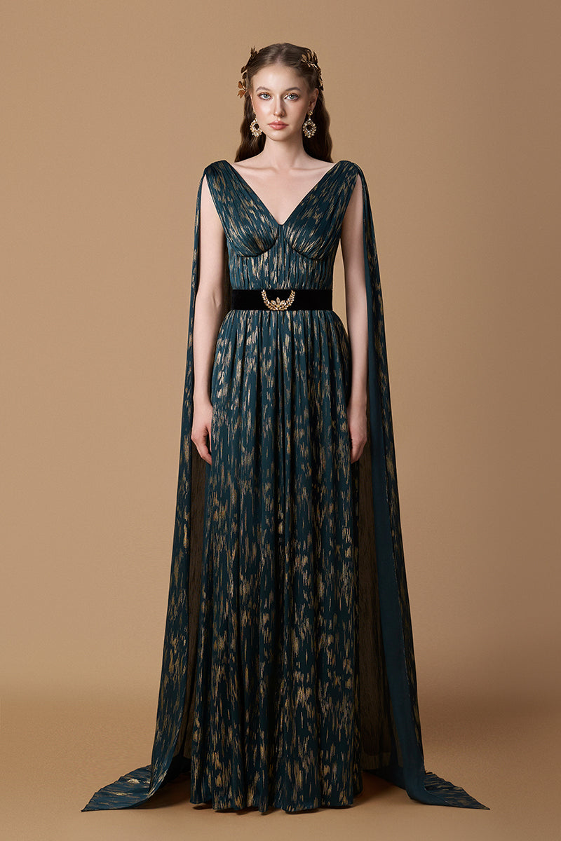 V-Neck A-line Gown With Long Back Train In Teal Metallic Striped Chiffon