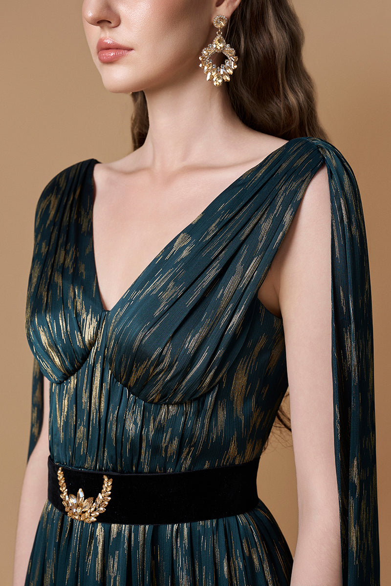 V-Neck A-line Gown With Long Back Train In Teal Metallic Striped Chiffon