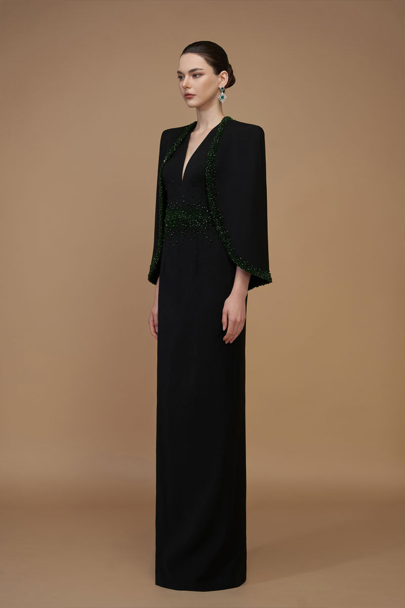 V-Neck Column Gown With Cape Sleeves In Black