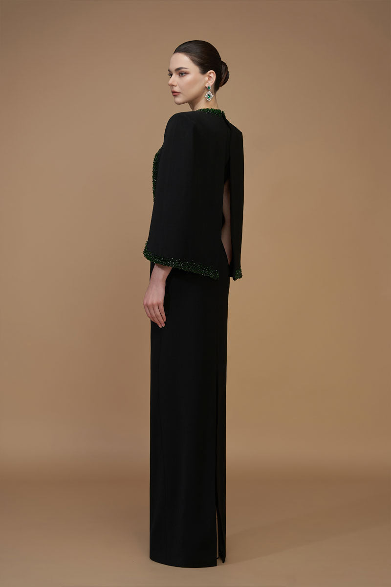 V-Neck Column Gown With Cape Sleeves In Black