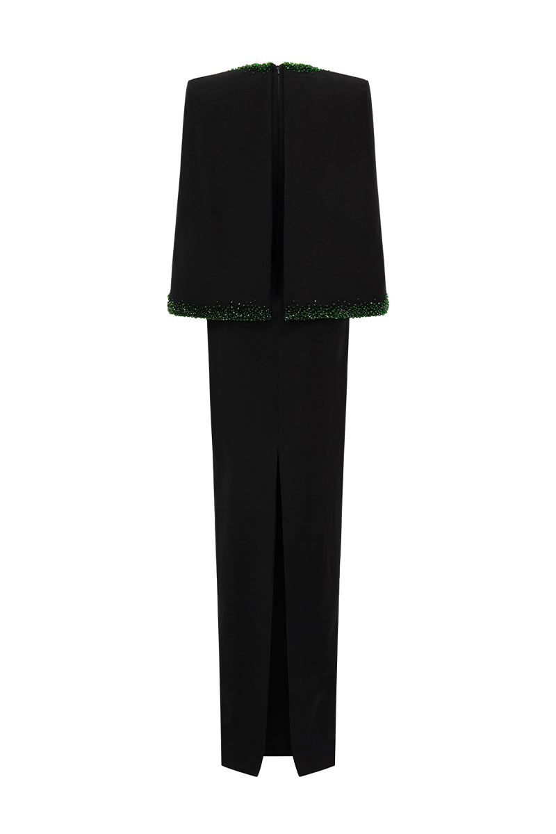 V-Neck Column Gown With Cape Sleeves In Black