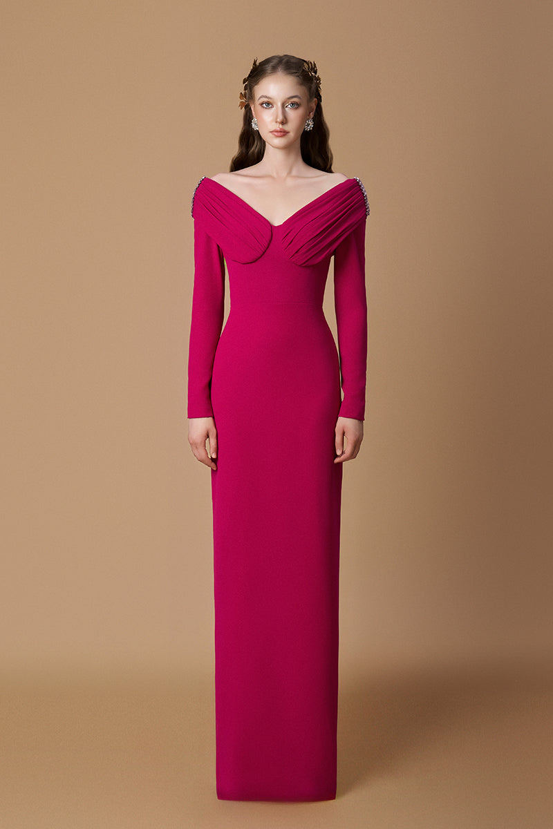 V-Neck Column Gown With Draped Details In Dark Pink Crepe