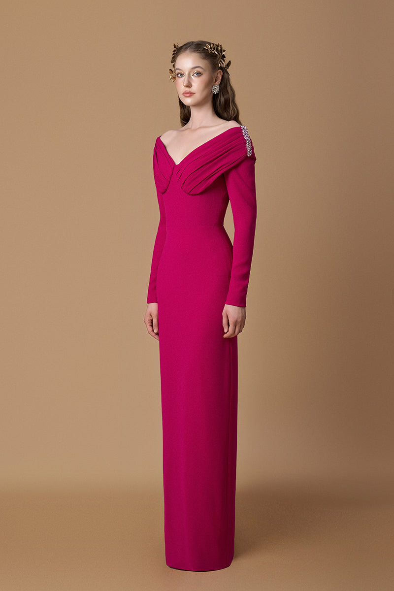 V-Neck Column Gown With Draped Details In Dark Pink Crepe