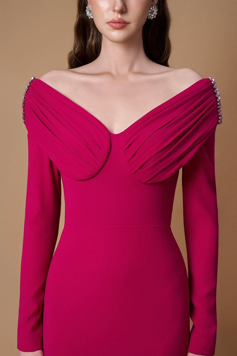V-Neck Column Gown With Draped Details In Dark Pink Crepe
