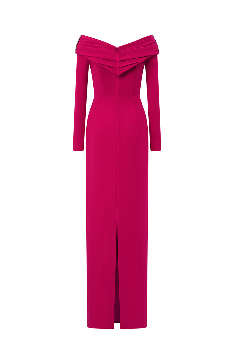 V-Neck Column Gown With Draped Details In Dark Pink Crepe