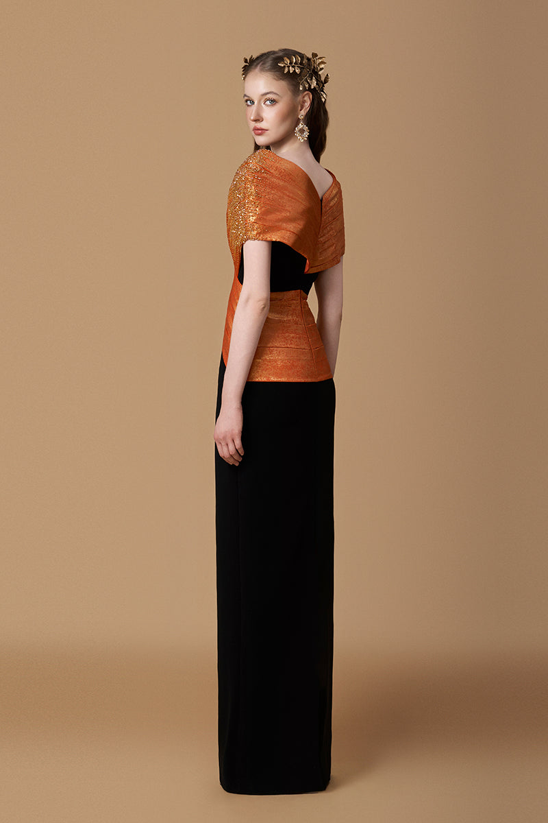 V-Neck Column Gown With Draped Details In Orange Metallic Silk and Black Crepe