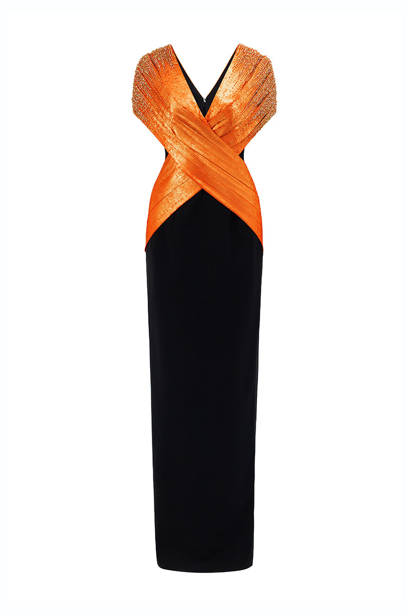V-Neck Column Gown With Draped Details In Orange Metallic Silk and Black Crepe