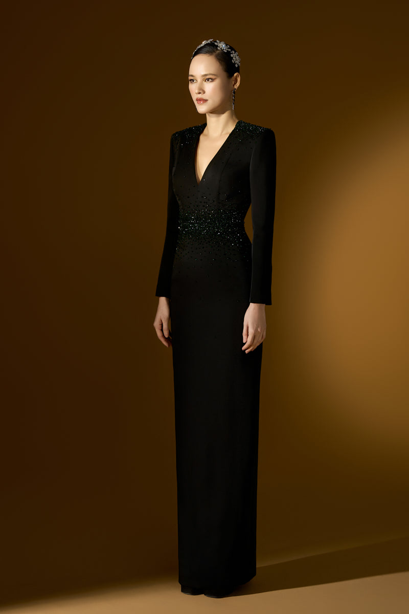 V-Neck Column Gown With Long Sleeves