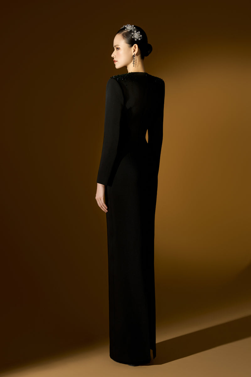 V-Neck Column Gown With Long Sleeves