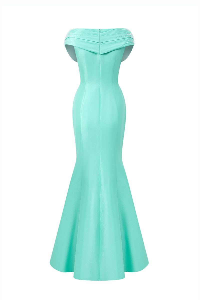 V-Neck Mermaid Gown With Draped Details In Mint Taffeta