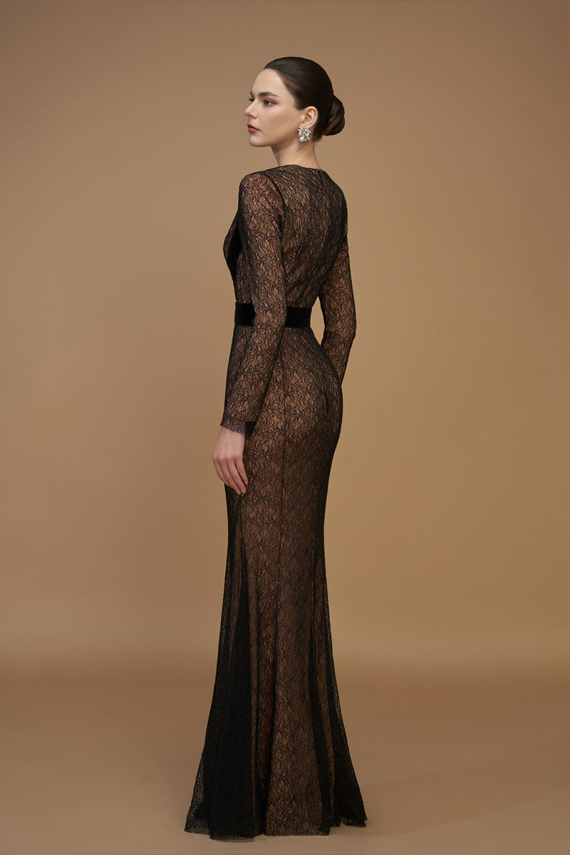 V-Neck Mermaid Gown With Long Sleeve In Black Lace