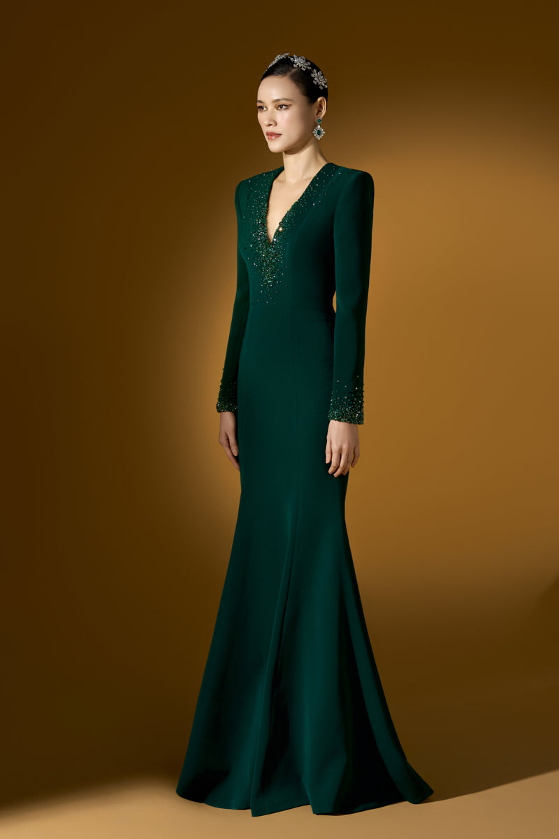 V-Neck Mermaid Gown With Long Sleeves