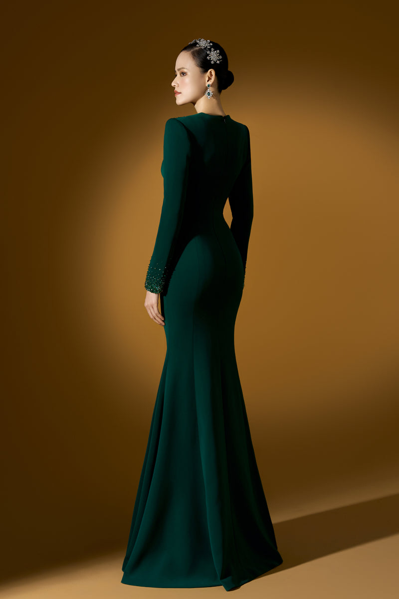 V-Neck Mermaid Gown With Long Sleeves