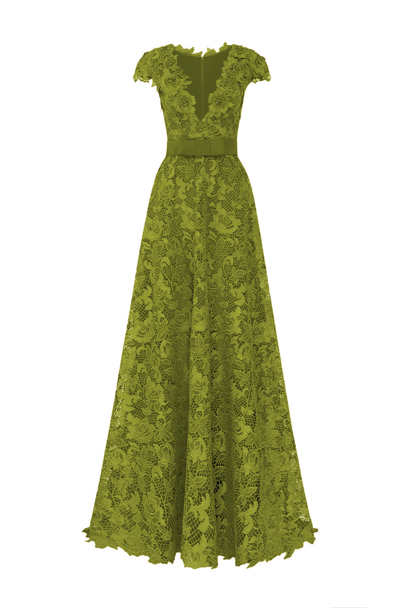 V-Neck Sleeveless A-Line Gown In Olive Guipure Lace