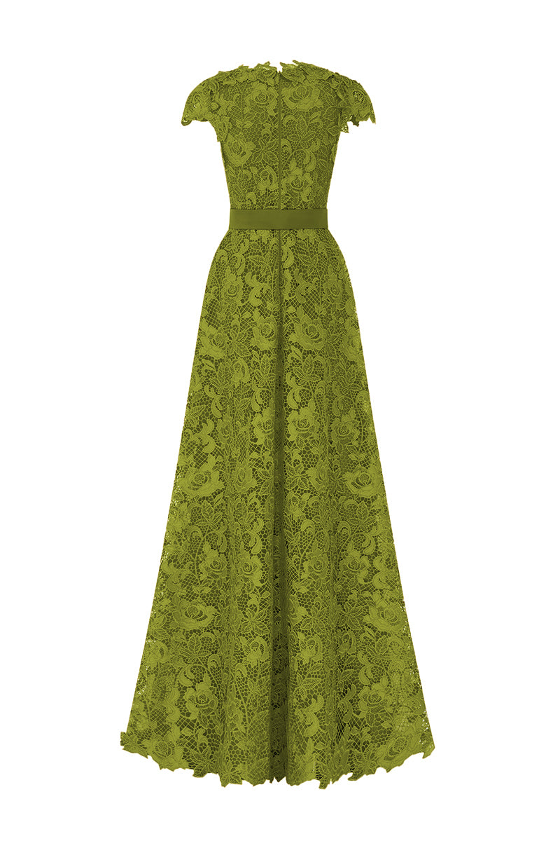V-Neck Sleeveless A-Line Gown In Olive Guipure Lace