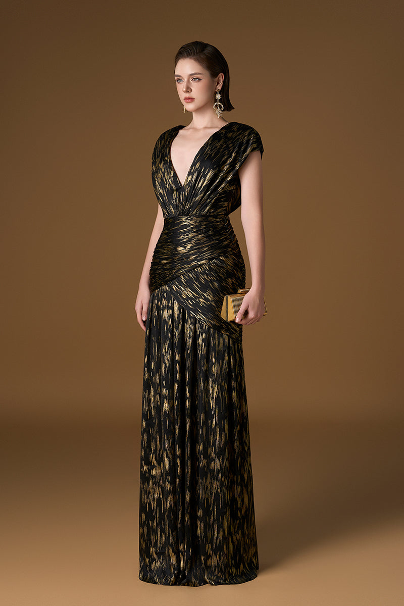 V Neck A-line Gown With Asymmetric Draped Detail In Black Metallic Striped Chiffon