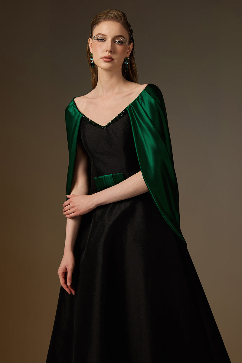V Neck A-Line Gown With Draped Details In Black Taffeta And Green Satin Silk