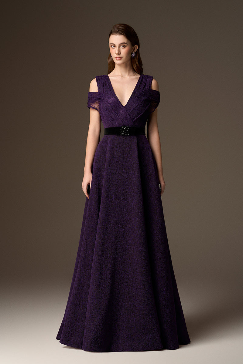 V Neck A-Line Gown With Waist Belt In Dark Purple Vine Guipure Lace And Black Lyon Velvet