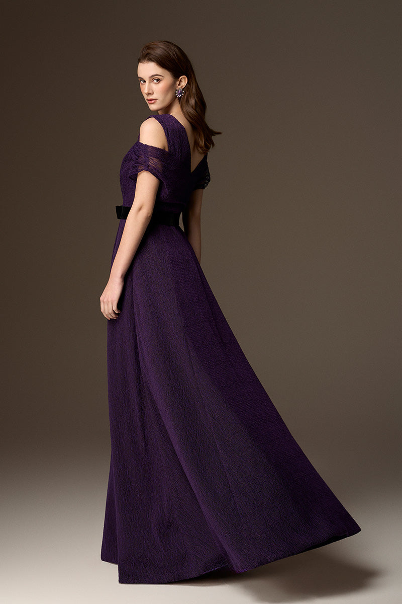 V Neck A-Line Gown With Waist Belt In Dark Purple Vine Guipure Lace And Black Lyon Velvet