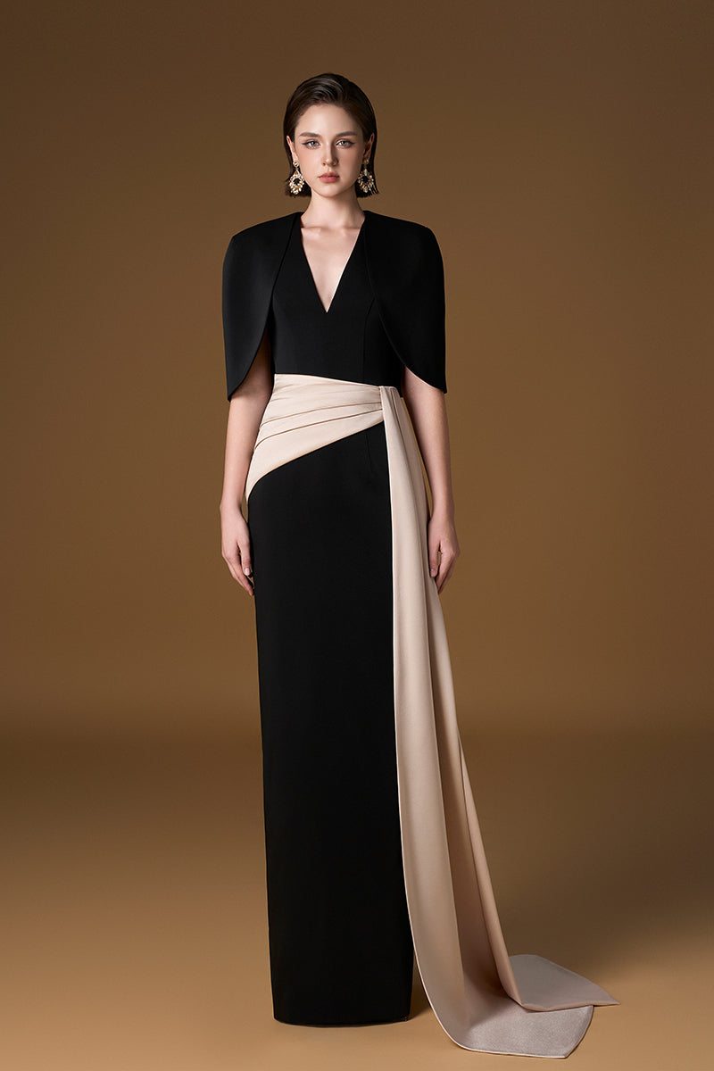 V Neck Column Gown With Asymmetric Draped Detail, Mini Cape In Black Crepe And Ivory Silk