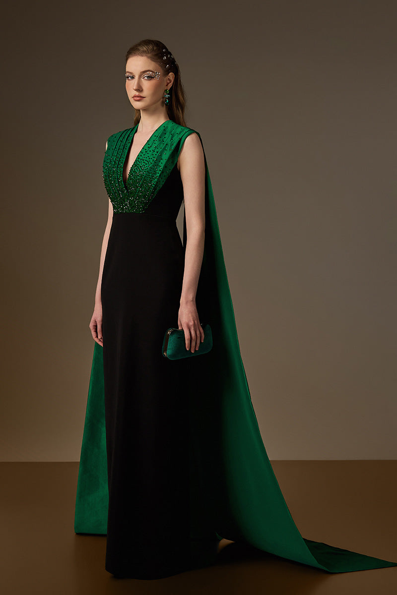V Neck Column Gown With Draped Details In Black Crepe And Green Taffeta