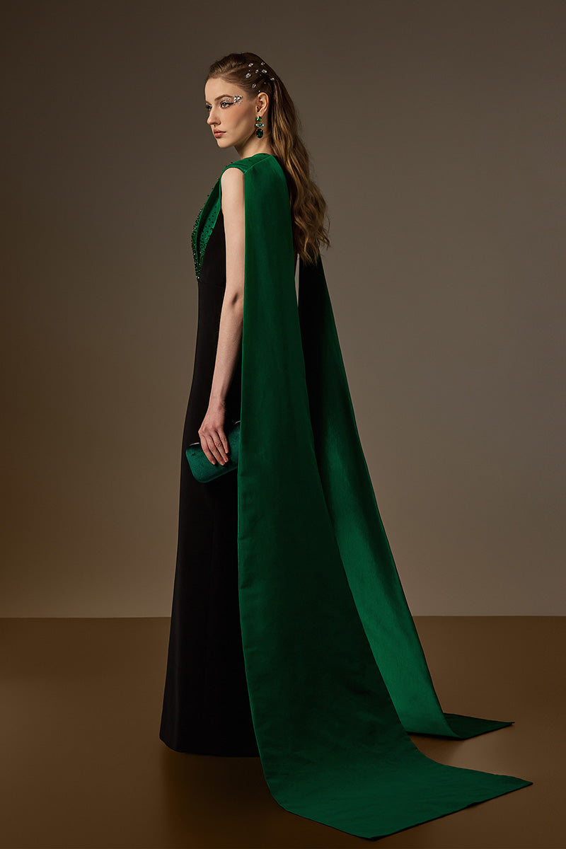 V Neck Column Gown With Draped Details In Black Crepe And Green Taffeta