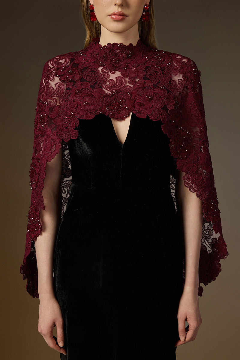 V Neck Column Gown With Mullet Cape In Black Velvet And Red Floral Garden Mesh Lace