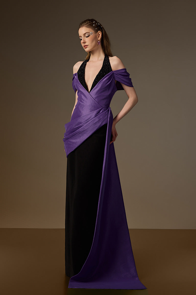 V Neck Column Gown With Asymmetric Draped Details In Black Crepe And Purple Taffeta