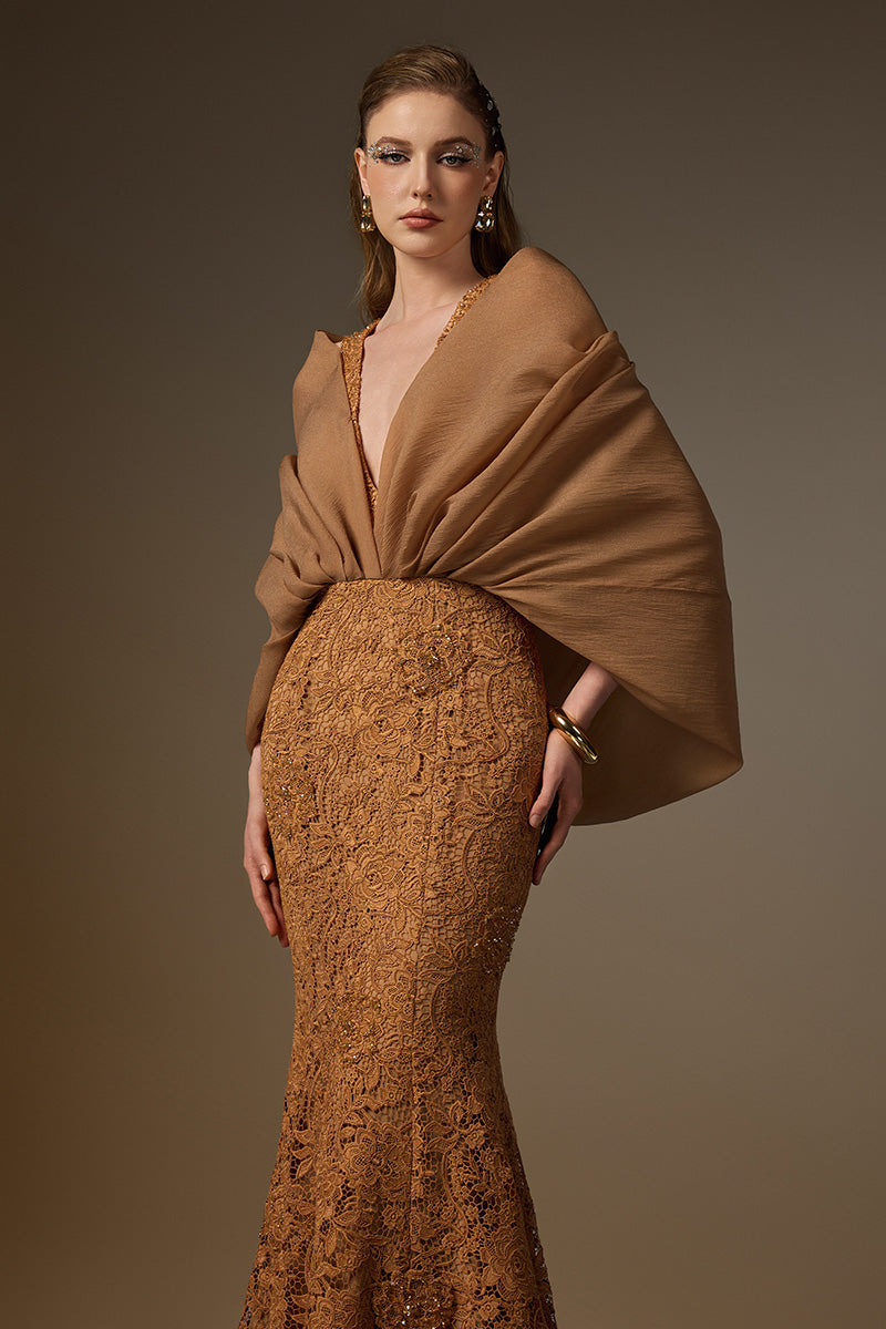 V Neck Mermaid Gown With Hooded Cape In Bloom Rose Lace & Organza
