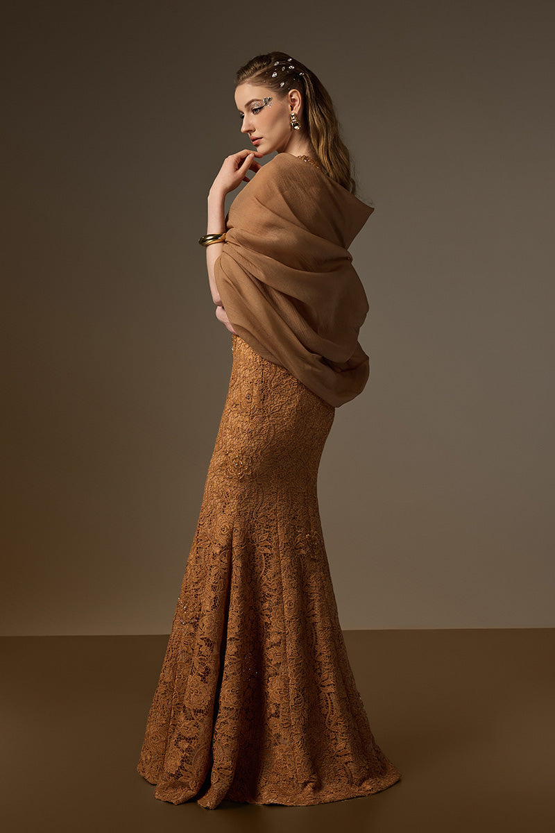 V Neck Mermaid Gown With Hooded Cape In Bloom Rose Lace & Organza