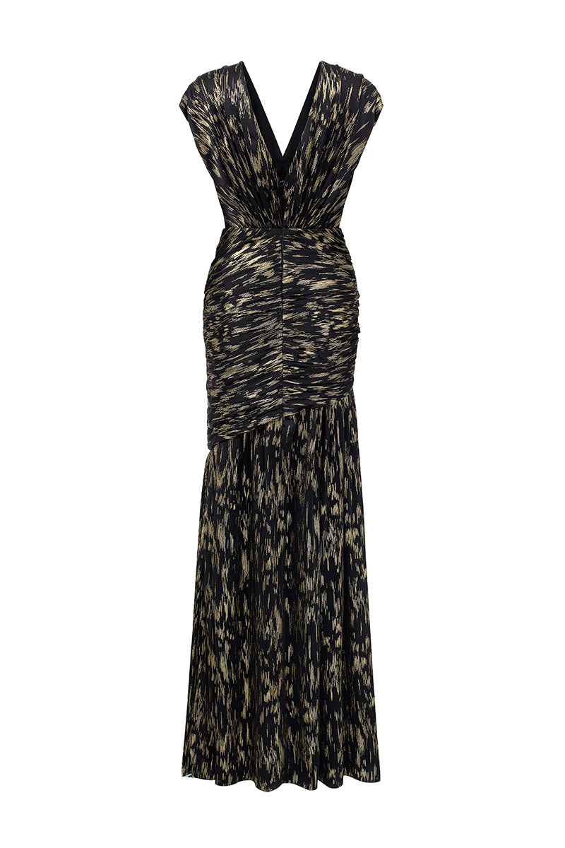 V Neck A-line Gown With Asymmetric Draped Detail In Black Metallic Striped Chiffon