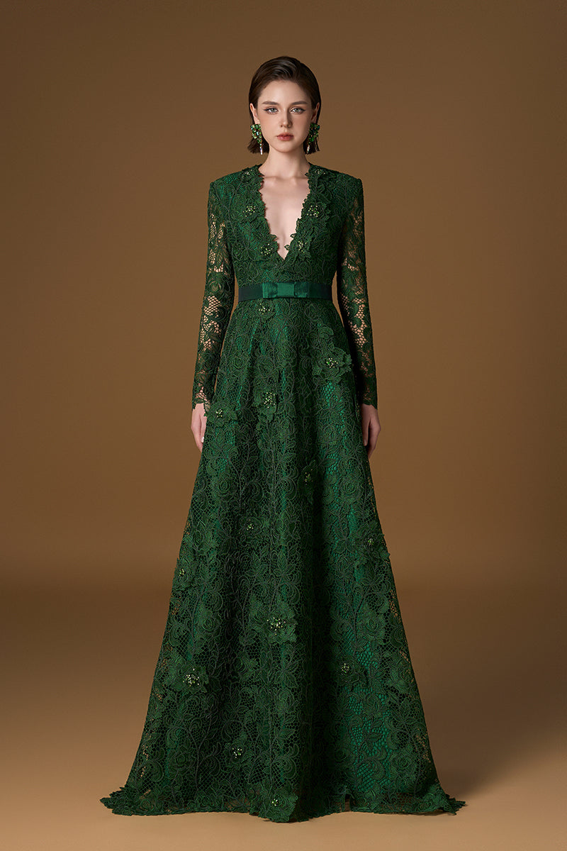 V Neck A-line Gown With Long Sleeves In Green Guipure Lace