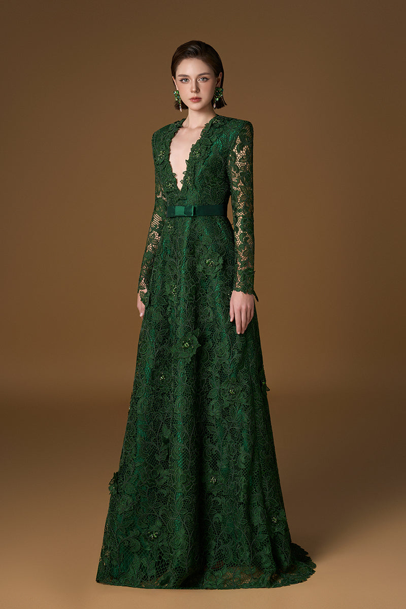 V Neck A-line Gown With Long Sleeves In Green Guipure Lace