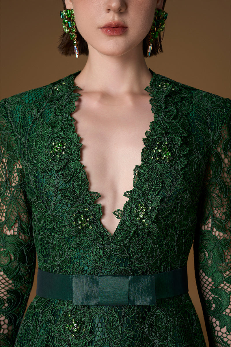 V Neck A-line Gown With Long Sleeves In Green Guipure Lace