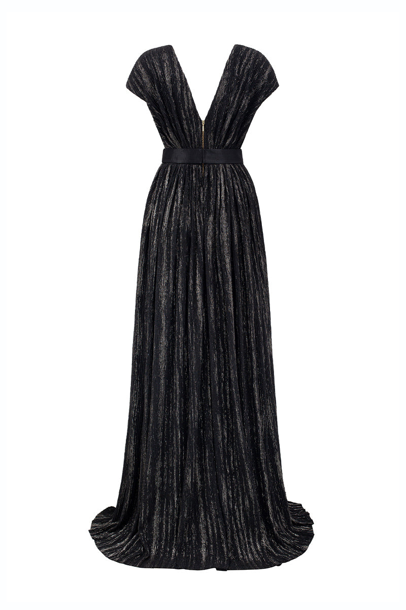 V Neck A-line Gown With Sleeveless In Black Metallic Striped Jersey