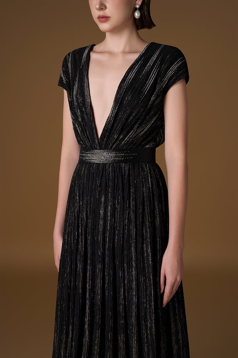V Neck A-line Gown With Sleeveless In Black Metallic Striped Jersey
