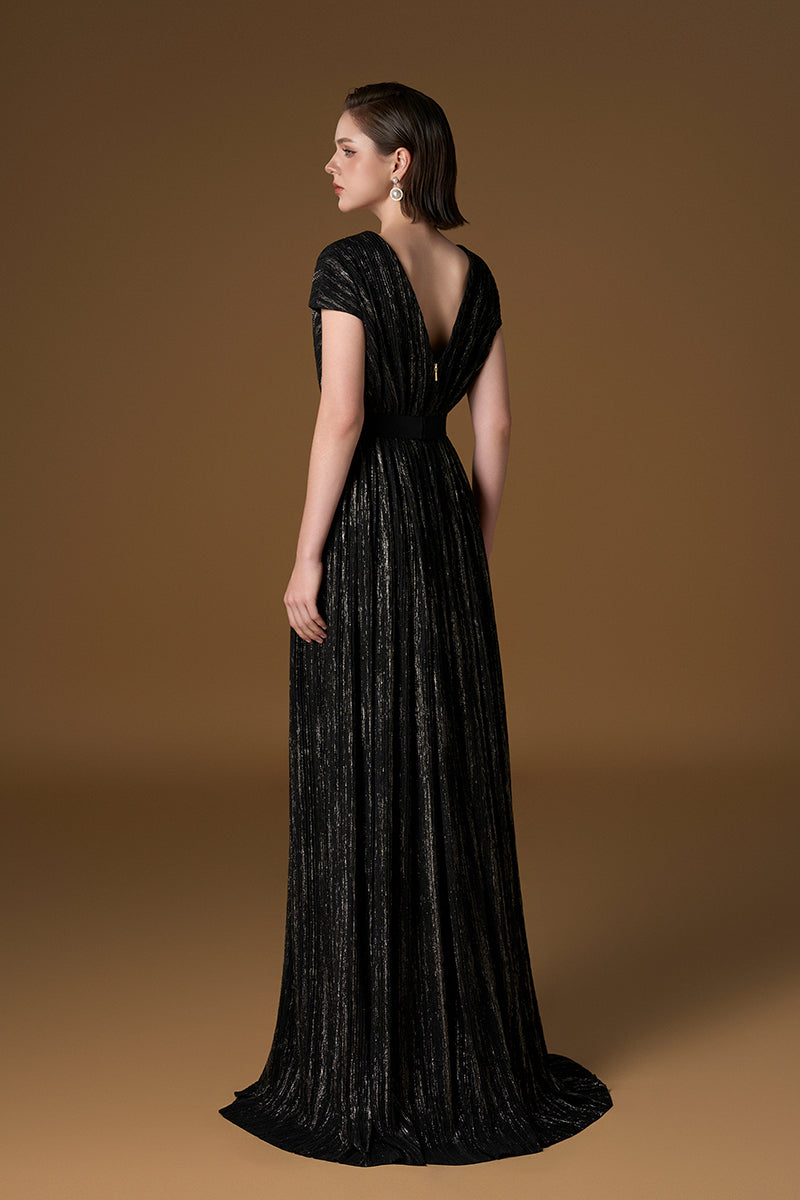V Neck A-line Gown With Sleeveless In Black Metallic Striped Jersey