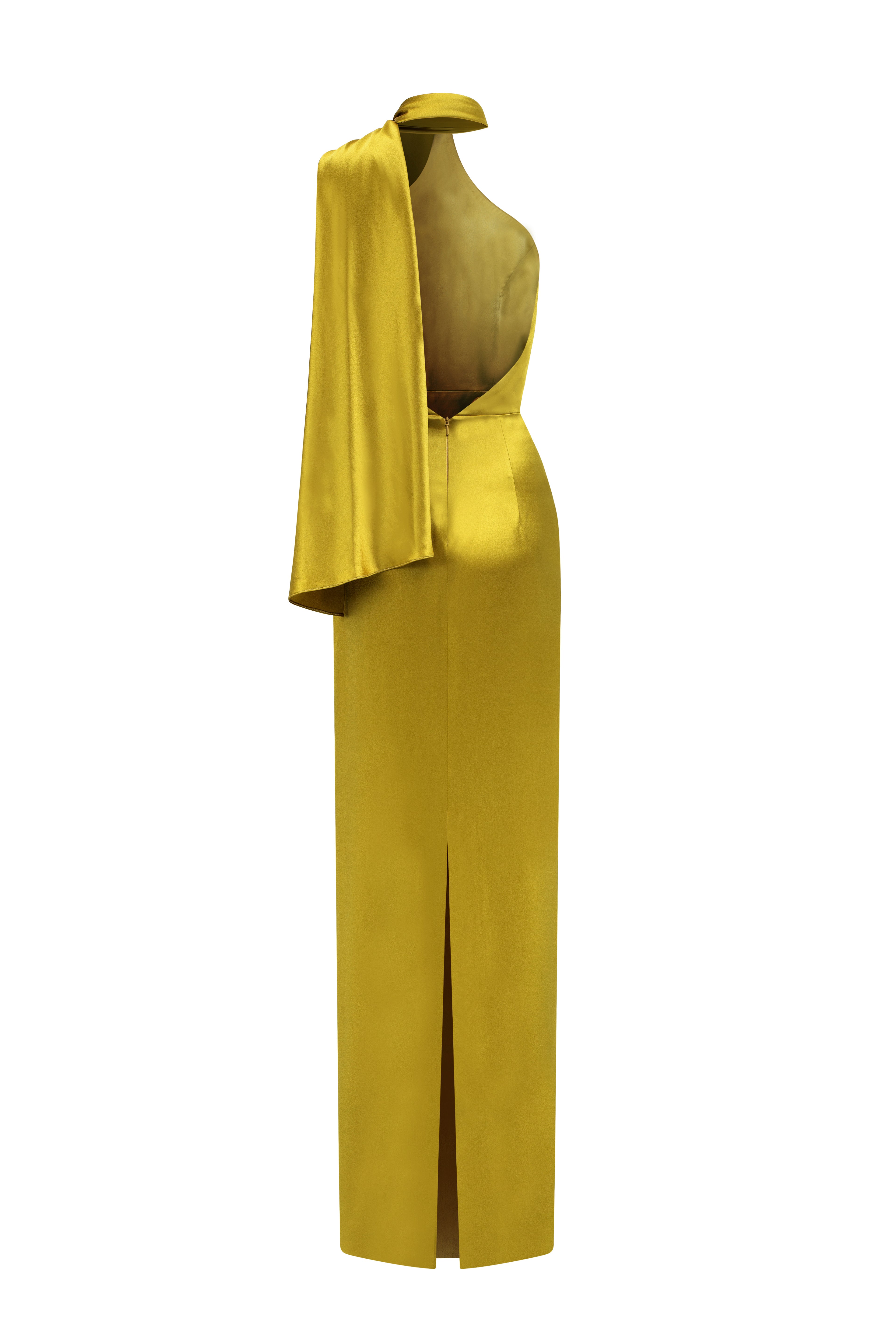 Yellow Satin Silk Halter Dress With Cross Detail And Pleated Drape