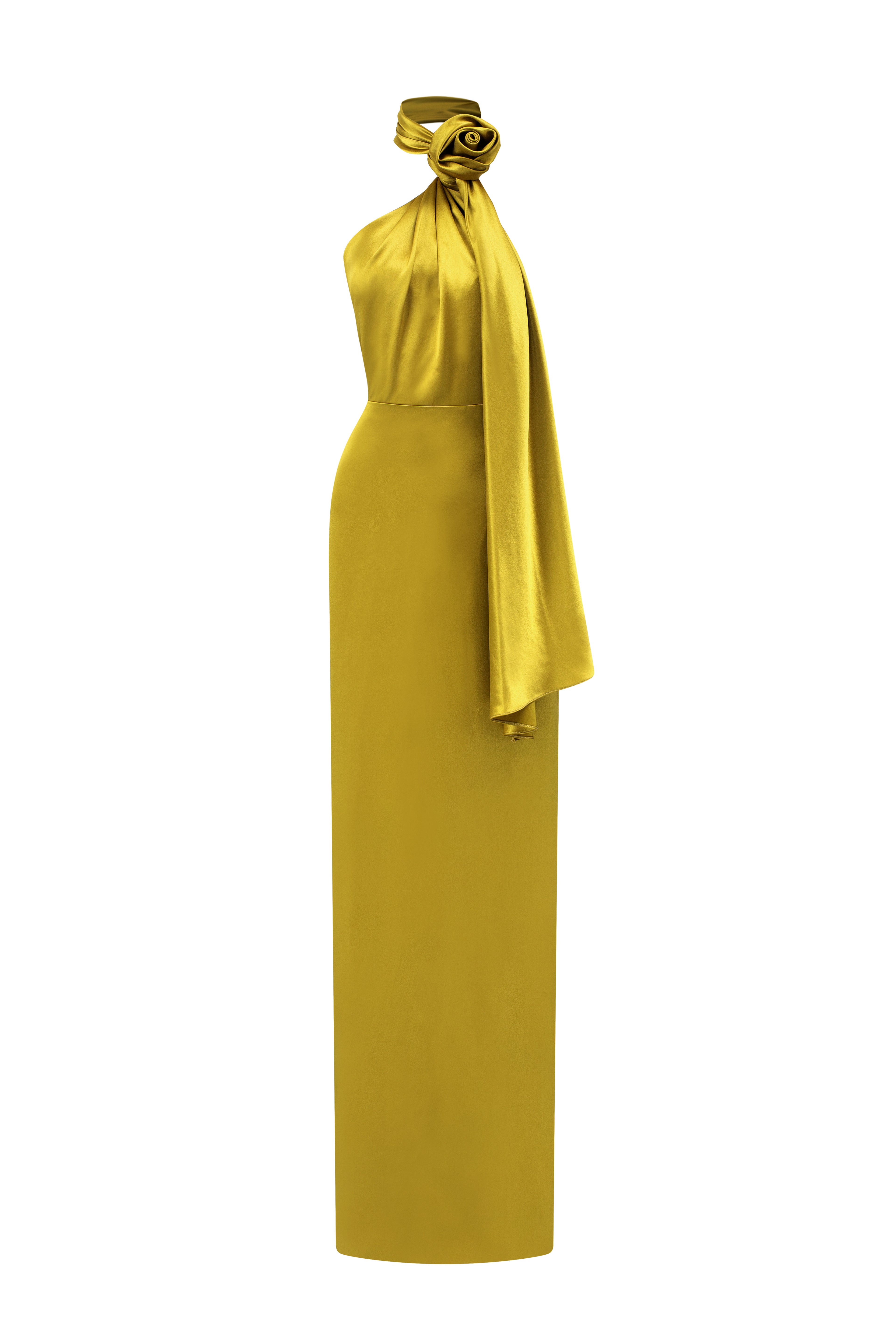 Yellow Satin Silk Halter Dress With Cross Detail And Pleated Drape