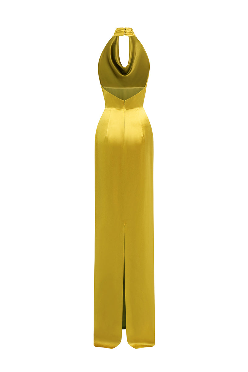 Yellow Satin Silk Halter Dress With Pleated Detailing