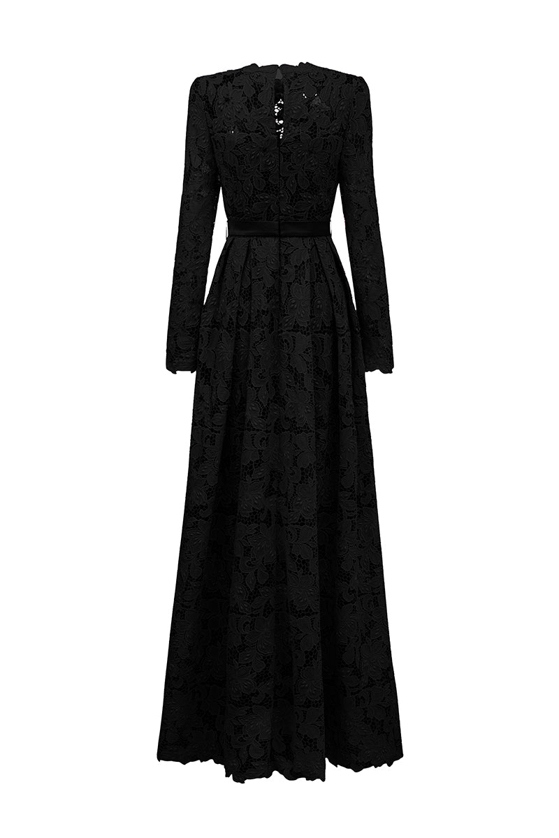 A-Line Round Neck Gown With Long Sleeves In Black Tulip Guipure Lace | I.H.F ATELIER