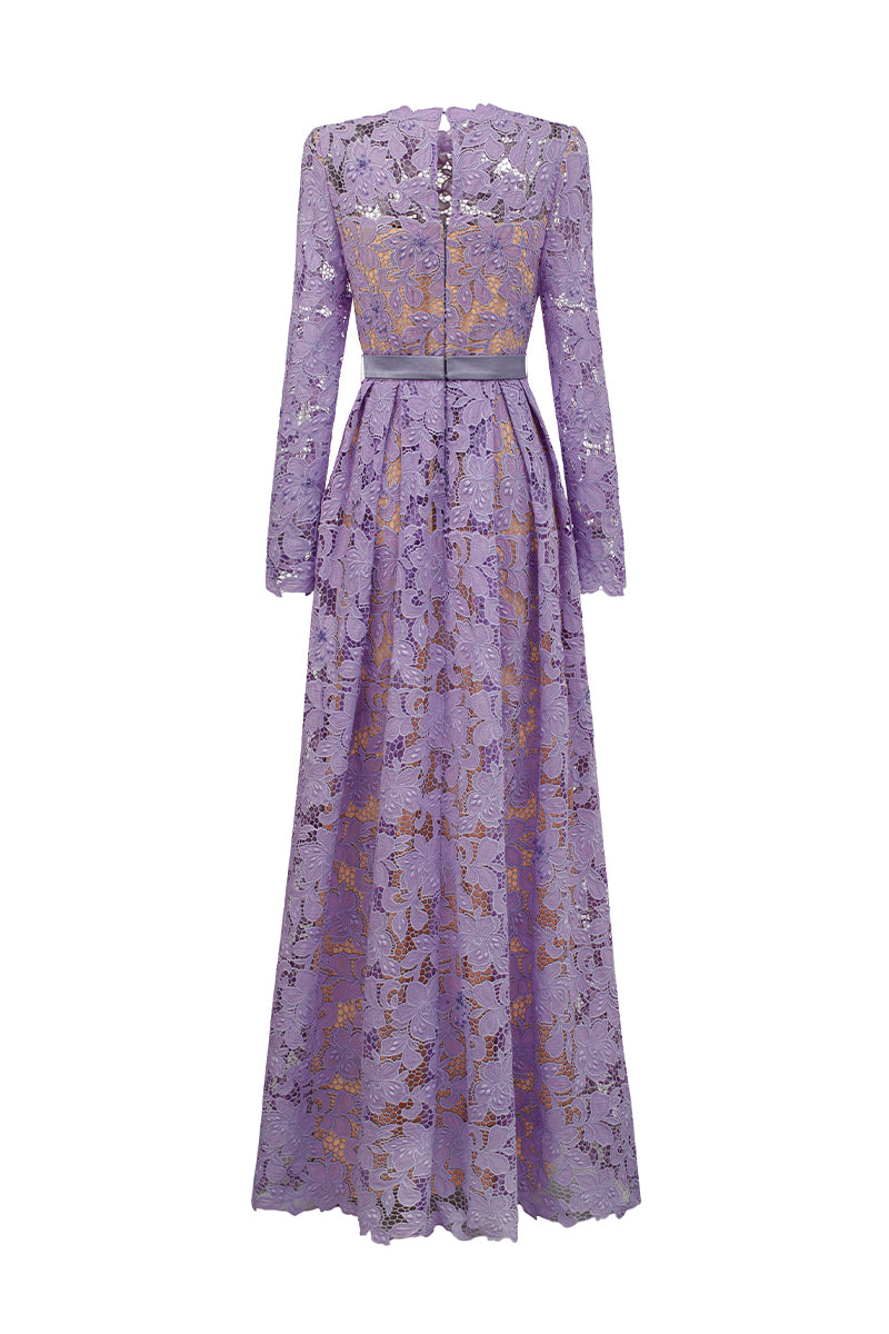 A-Line Round Neck Gown With Long Sleeves In Light Purple Tulip Guipure Lace | I.H.F ATELIER