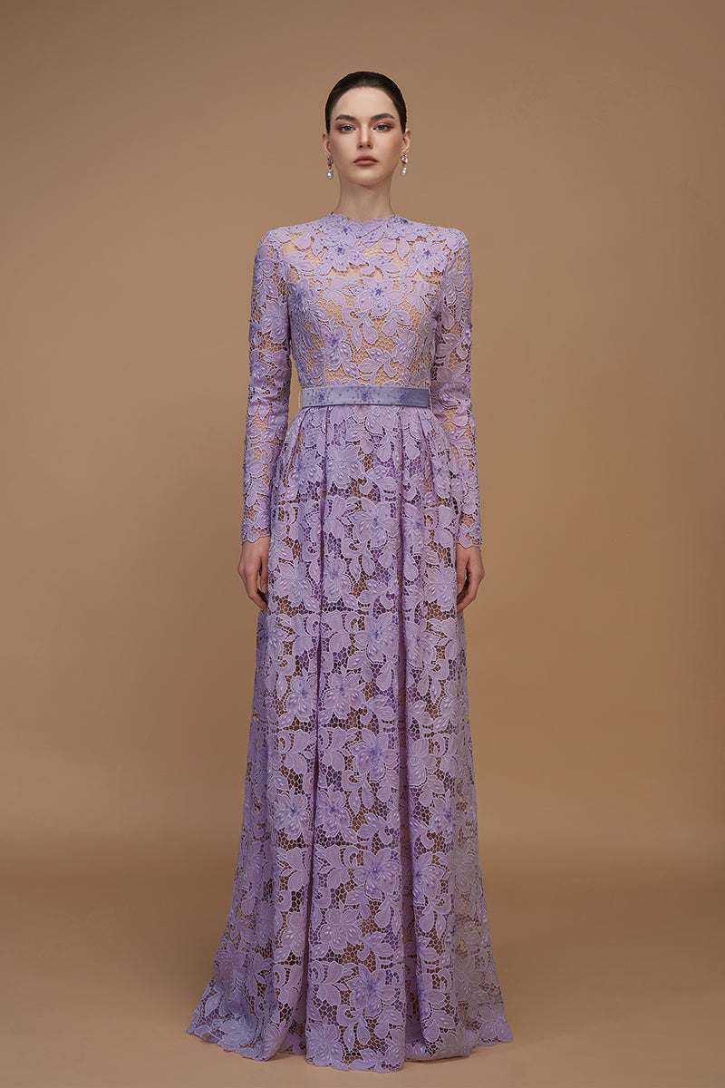 A-Line Round Neck Gown With Long Sleeves In Light Purple Tulip Guipure Lace | I.H.F ATELIER