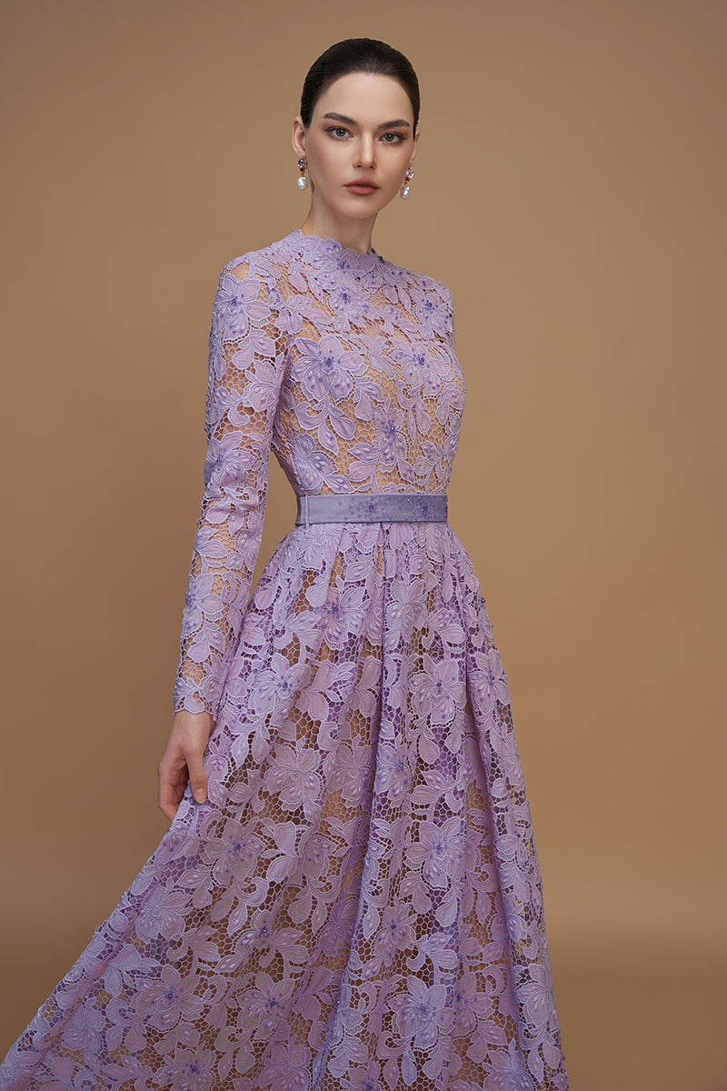 A-Line Round Neck Gown With Long Sleeves In Light Purple Tulip Guipure Lace | I.H.F ATELIER