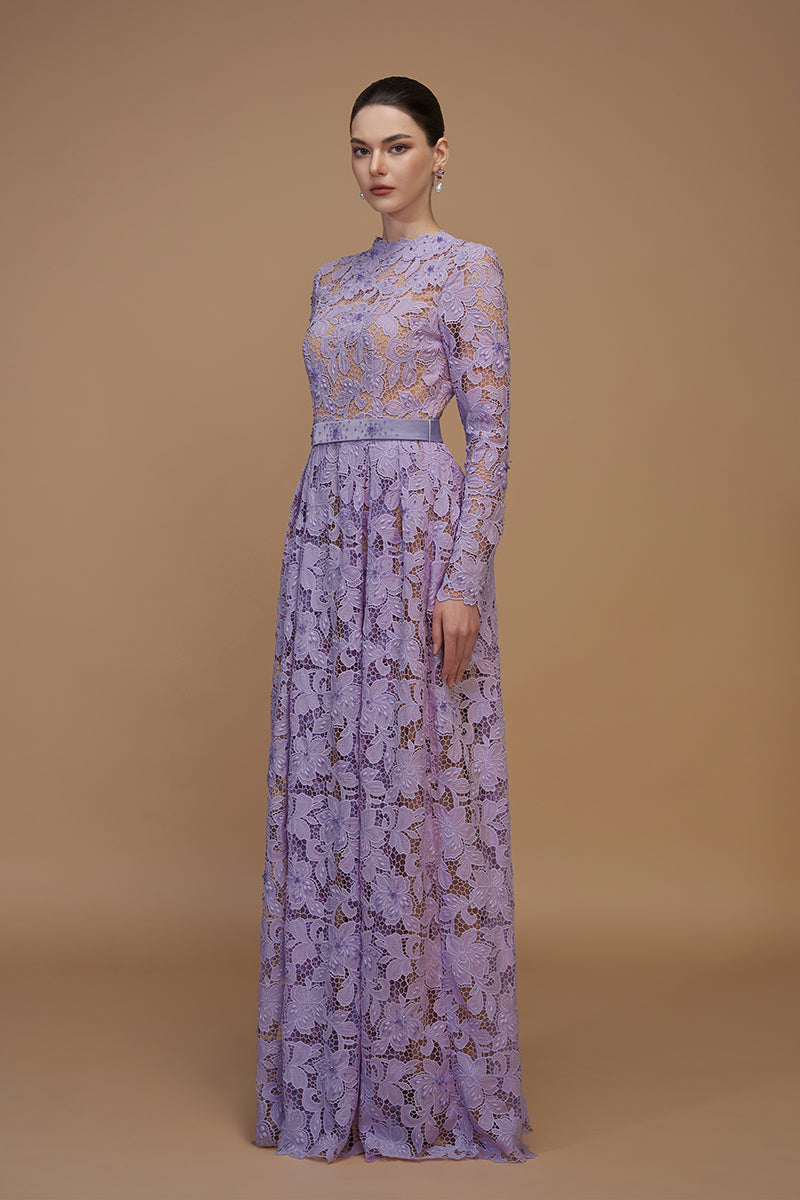 A-Line Round Neck Gown With Long Sleeves In Light Purple Tulip Guipure Lace | I.H.F ATELIER