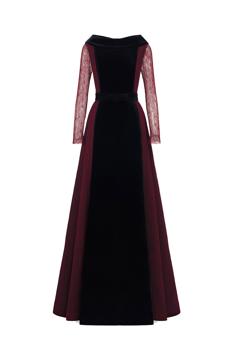 Round Neck A-Line Gown With De-Constructed Collar In Black Velvet And Dark Red Vine Guipure Lace