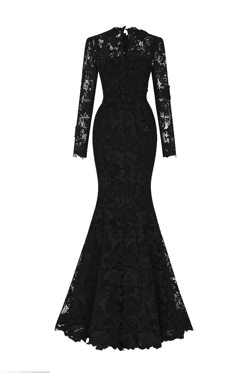 Round Neck Mermaid Gown With Long Sleeves In Black Guipure Lace