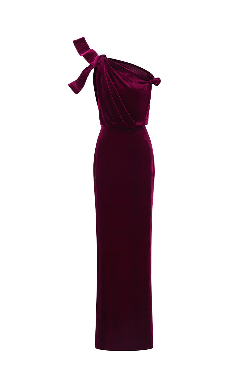 Asymmetric One-Shoulder Column Gown With Flow Drape Detail In Dark Pink Velvet | I.H.F ATELIER